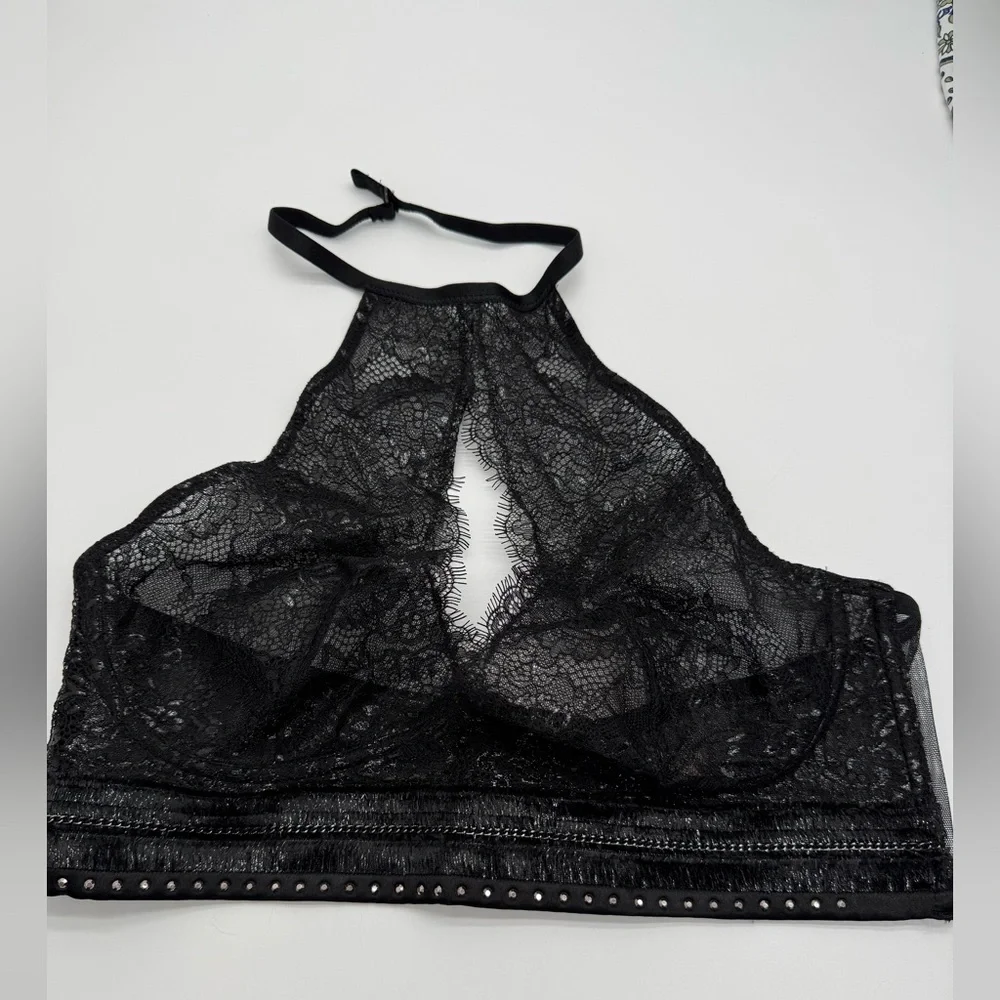 Victoria's Secret Sexy Black Floral Silver Lace Halter Bralette NWT Sz XL - Picture 1 of 16